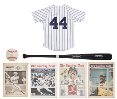 Lot of (7) Reggie Jackson Signed Collection Including a Adirondack 288RJ Model Bat, OAL MacPhail Baseball, and a Dual Signed New York Yankees Home Jersey (Beckett PreCert)